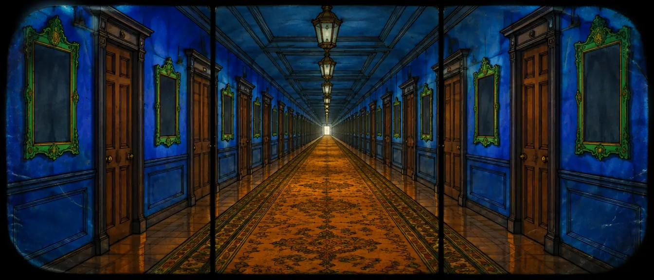 Panorama tiga panel: lorong galeri biru dengan pintu-pintu kayu yang berulang tanpa ujung, bingkai lukisan kosong berwarna hijau, karpet ambar menuju satu persegi cahaya putih di kejauhan.